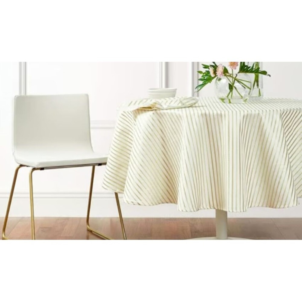 kate spade Harbour Drive Fabric Tablecloth Gold White Stripe Summer 70Rd